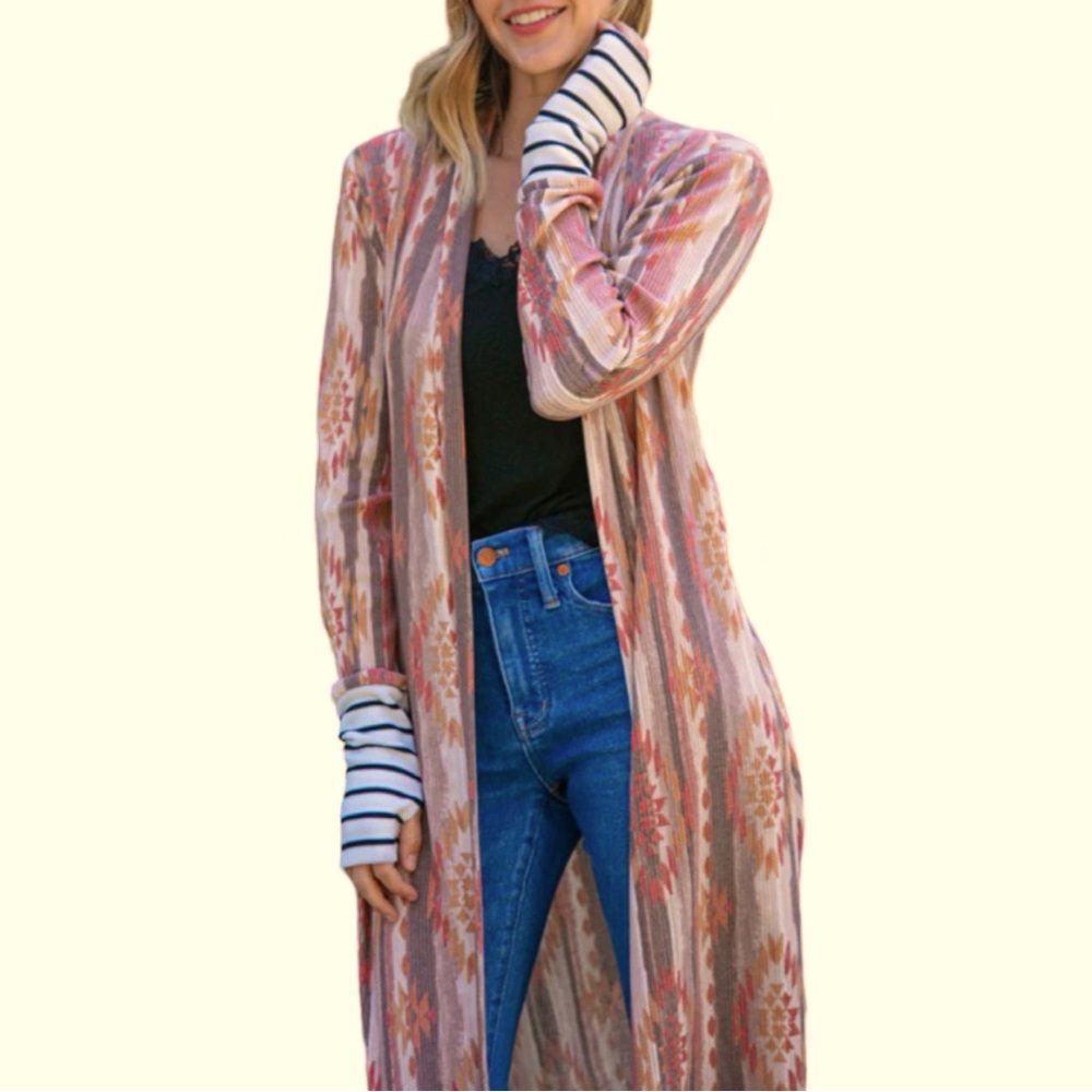 7th Ray Aztec Printed Stripe Sleeve Open Cardigan - Picture 6 of 10
